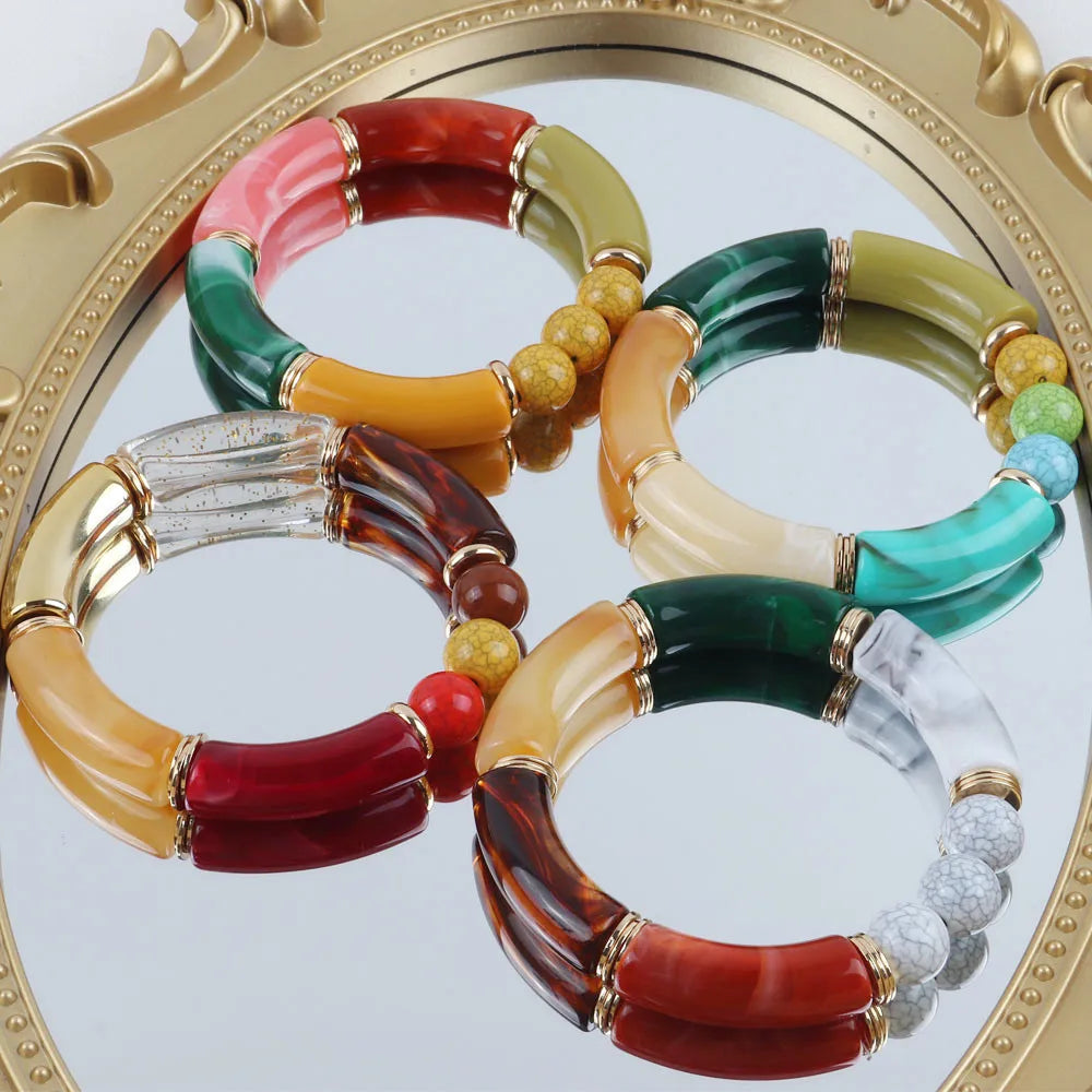 Fashion Acrylic 4PCS/Set Resin Amber Bamboo Bead Elastic Bracelet Bangles Tube Beads Handmake 2024 Trendy Designer Bracelet Set
