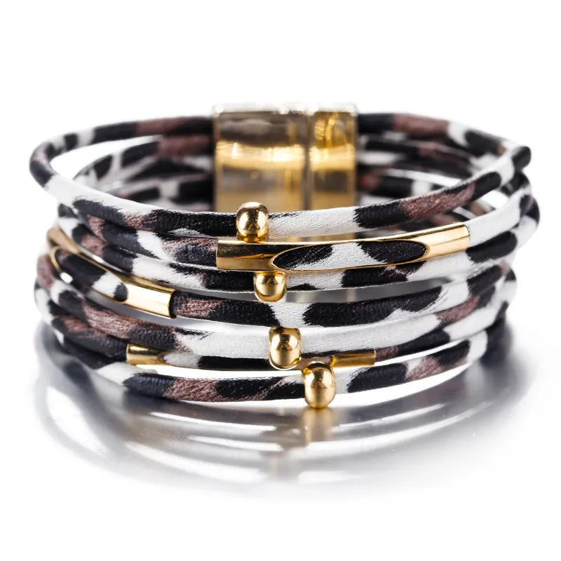 ALLYES Vintage Metal Tube Leopard Leather Bracelet for Women Men Boho Multilayer Wrap Wide Bracelets & Bangles Charm Jewelry