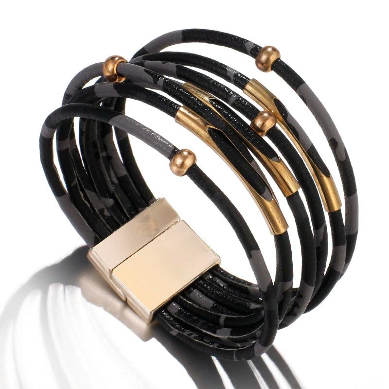ALLYES Vintage Metal Tube Leopard Leather Bracelet for Women Men Boho Multilayer Wrap Wide Bracelets & Bangles Charm Jewelry