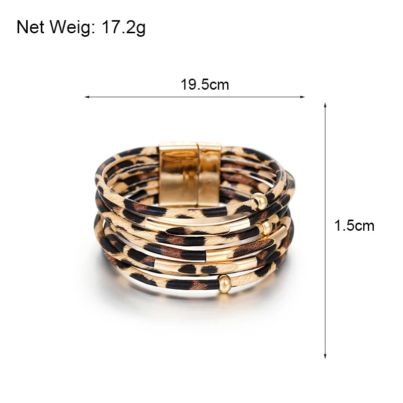 ALLYES Vintage Metal Tube Leopard Leather Bracelet for Women Men Boho Multilayer Wrap Wide Bracelets & Bangles Charm Jewelry