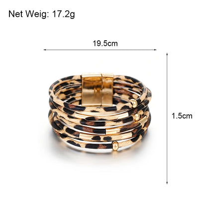ALLYES Vintage Metal Tube Leopard Leather Bracelet for Women Men Boho Multilayer Wrap Wide Bracelets & Bangles Charm Jewelry