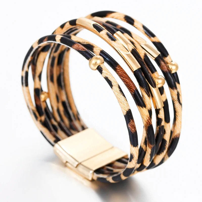 ALLYES Vintage Metal Tube Leopard Leather Bracelet for Women Men Boho Multilayer Wrap Wide Bracelets & Bangles Charm Jewelry