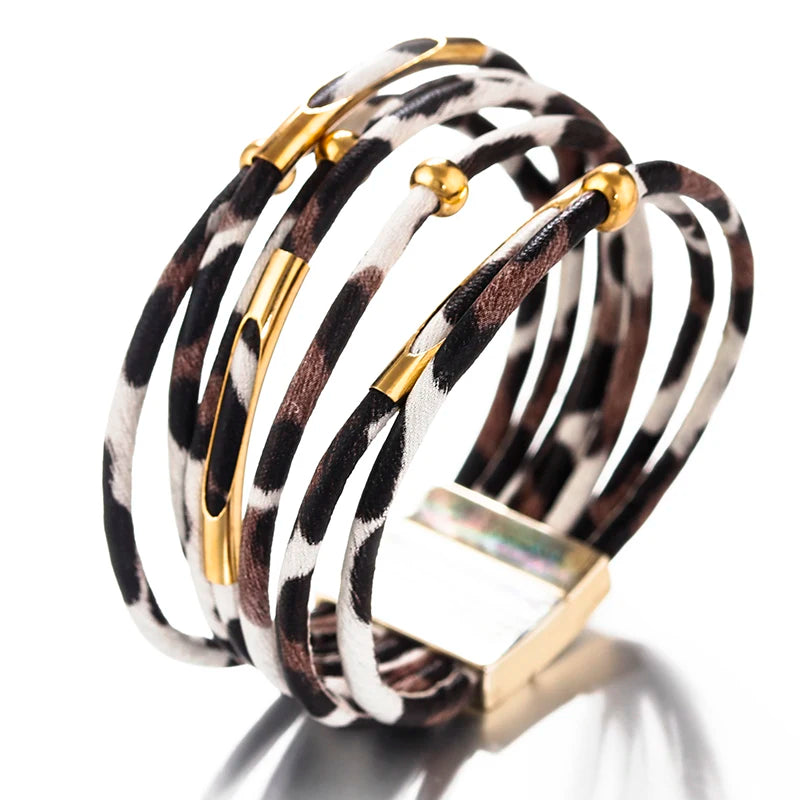 ALLYES Vintage Metal Tube Leopard Leather Bracelet for Women Men Boho Multilayer Wrap Wide Bracelets & Bangles Charm Jewelry