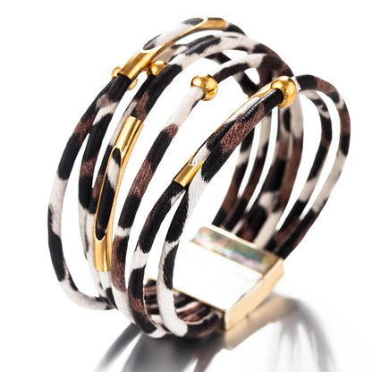 ALLYES Vintage Metal Tube Leopard Leather Bracelet for Women Men Boho Multilayer Wrap Wide Bracelets & Bangles Charm Jewelry