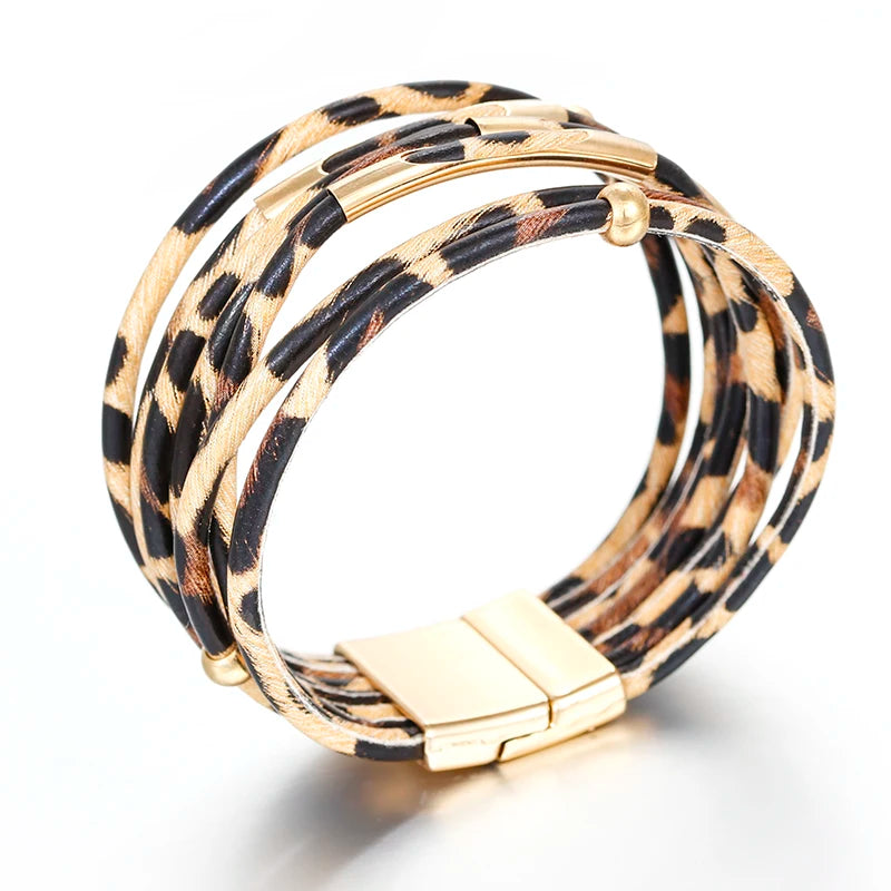 ALLYES Vintage Metal Tube Leopard Leather Bracelet for Women Men Boho Multilayer Wrap Wide Bracelets & Bangles Charm Jewelry