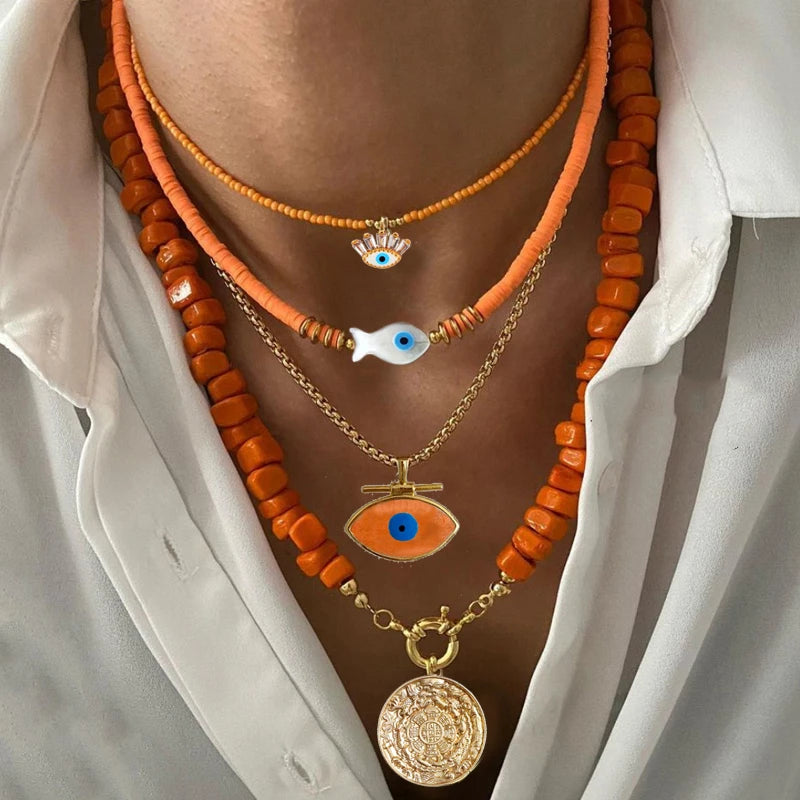 Spring 2024 Creative Design Orange Series Jewelry Natural Stone Silicone Bead Short Necklace Women Girls Banquet Holiday Jewelry
