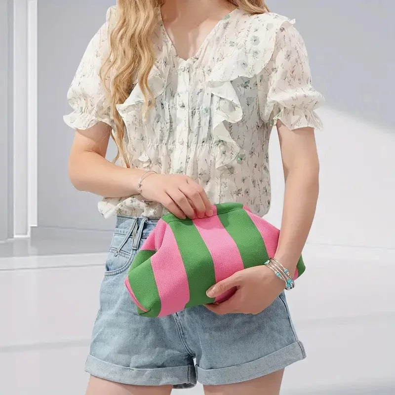 Summer Beach Clutch Bag for Women Woven Crochet Handbags Purses Knitting Dumpling Clutch Ruched Cute Cloud Casual Colorblock Bag