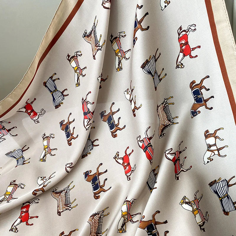2025 Luxury Horse Print Female Silk Neck Scarf Square Hair Scarves Foulard Head Band Shawls Wraps Neckerchief Bandana Women