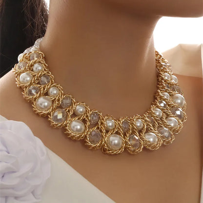New Simulated Pearl Jewelry Necklace Double Layer Choker Necklace Women Bijoux Beads Crystal Collar Wedding Jewelry Necklaces