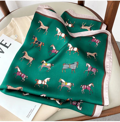 2025 Luxury Horse Print Female Silk Neck Scarf Square Hair Scarves Foulard Head Band Shawls Wraps Neckerchief Bandana Women