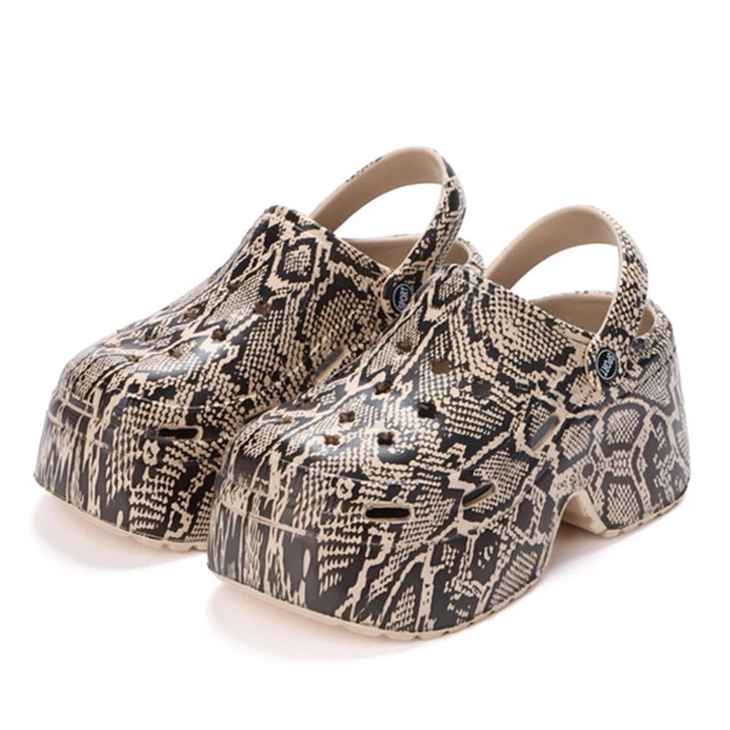 Leopard Thick Bottom Clogs for Women Closed Toe Chunky Platform Sandals Woman Summer 2023 Super High Wedge Heel Slippers Female
