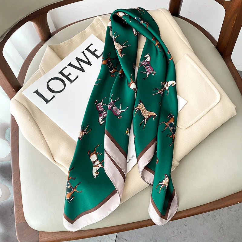2025 Luxury Horse Print Female Silk Neck Scarf Square Hair Scarves Foulard Head Band Shawls Wraps Neckerchief Bandana Women