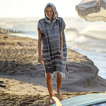 Turkish Wearable Beach Towel Sandproof Cotton Large Surf Poncho Hooded Wetsuit Changing Towel Quick Drying Sandproof Bathrobe
