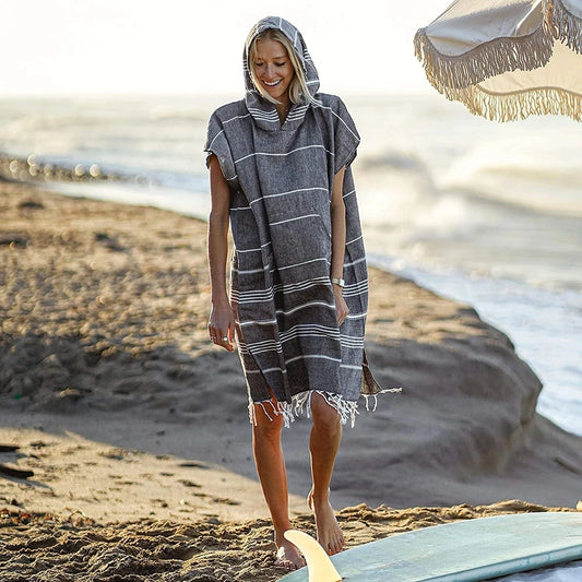 Turkish Wearable Beach Towel Sandproof Cotton Large Surf Poncho Hooded Wetsuit Changing Towel Quick Drying Sandproof Bathrobe