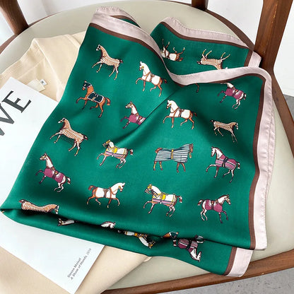 2025 Luxury Horse Print Female Silk Neck Scarf Square Hair Scarves Foulard Head Band Shawls Wraps Neckerchief Bandana Women