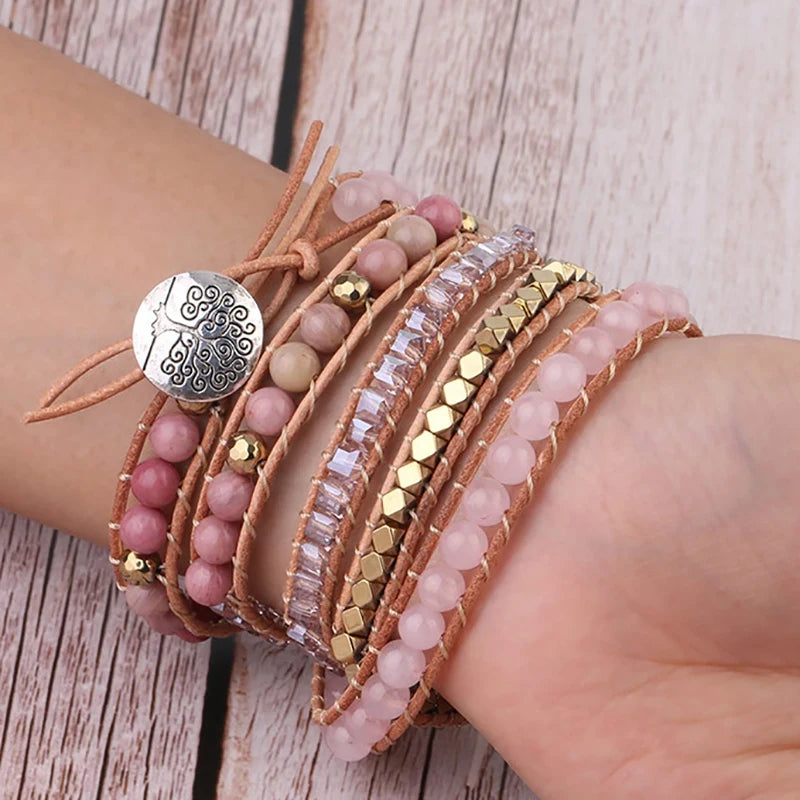 Natural Stone Bracelet Pink Quartz Leather Wrap Bracelets For Women Rose Gems Crystal Beads Bohemia Jewelry