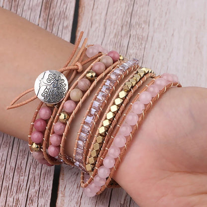 Natural Stone Bracelet Pink Quartz Leather Wrap Bracelets For Women Rose Gems Crystal Beads Bohemia Jewelry