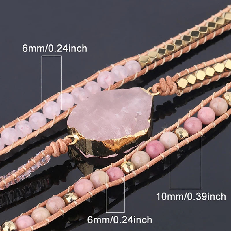 Natural Stone Bracelet Pink Quartz Leather Wrap Bracelets For Women Rose Gems Crystal Beads Bohemia Jewelry