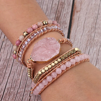 Natural Stone Bracelet Pink Quartz Leather Wrap Bracelets For Women Rose Gems Crystal Beads Bohemia Jewelry