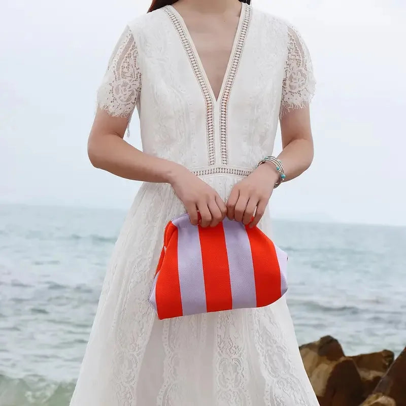 Summer Beach Clutch Bag for Women Woven Crochet Handbags Purses Knitting Dumpling Clutch Ruched Cute Cloud Casual Colorblock Bag