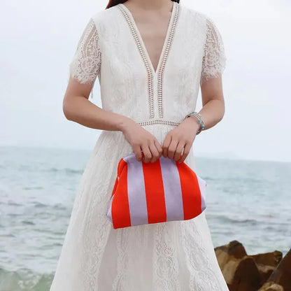 Summer Beach Clutch Bag for Women Woven Crochet Handbags Purses Knitting Dumpling Clutch Ruched Cute Cloud Casual Colorblock Bag