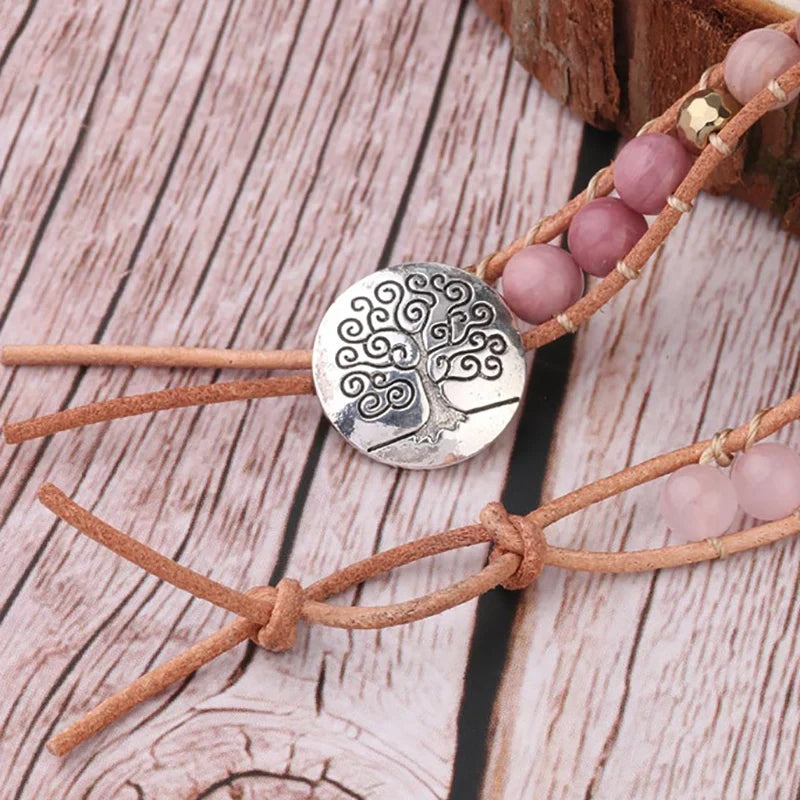 Natural Stone Bracelet Pink Quartz Leather Wrap Bracelets For Women Rose Gems Crystal Beads Bohemia Jewelry