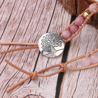 Natural Stone Bracelet Pink Quartz Leather Wrap Bracelets For Women Rose Gems Crystal Beads Bohemia Jewelry